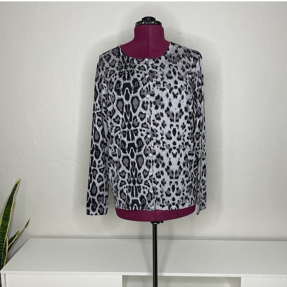 Quacker Factory Cardigan Women Large Grey Leopard Print Rhinestone‎ Embellished